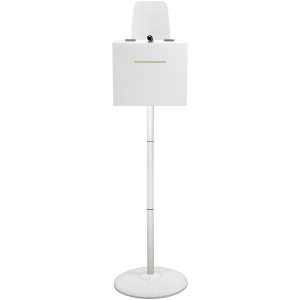 White acrylic collection box with white floor stand