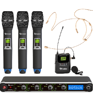 AVTronics Professional Wireless Microphone System - 200-CHannel 4-Mic System with 3 Handheld, One Lapel, and KX12AK Dual Ear Headworn