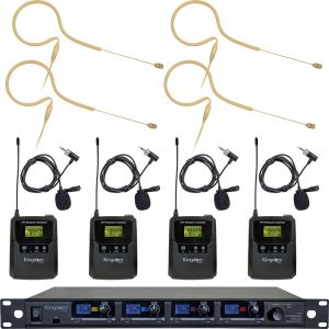 Kingdom V5 Professional Wireless Microphone System, 4 Belt Packs with Lapels, and 4 Ear-Worn KX7AK