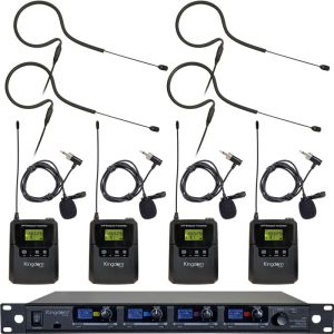 Kingdom V5 Professional Wireless Microphone System, 4 Belt Packs with Lapels and Earworn