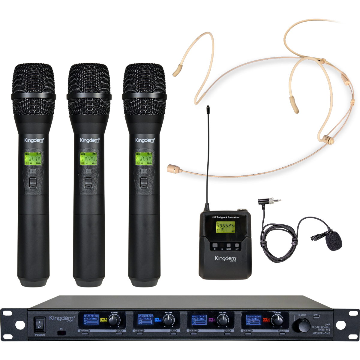 Kingdom V5 Wireless Mic System with 3 Handhelds, 1 Beltpack with Lapel plus KX12 Earworn mic