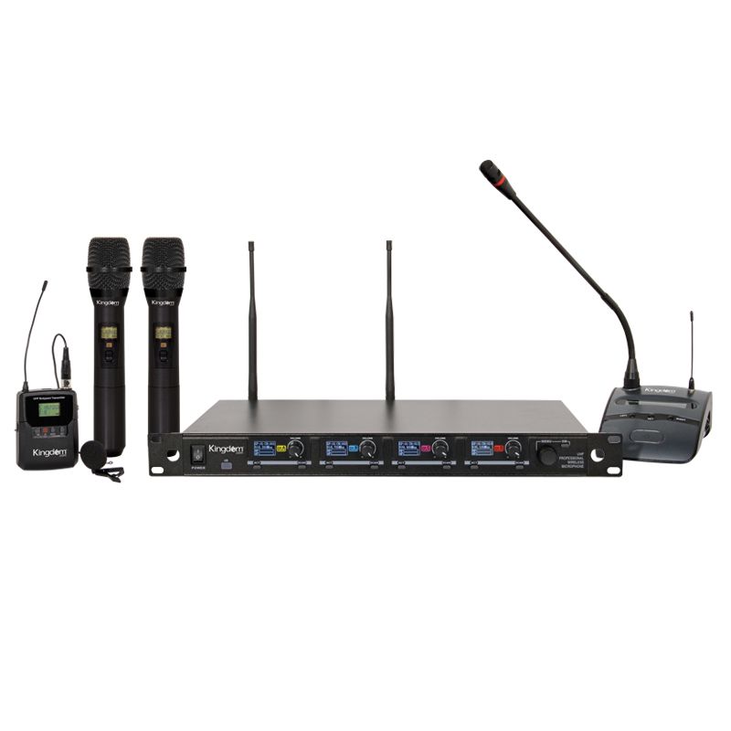 Kingdom V5 UHF 1,000 Channel Wireless Microphone System with 2 Handhelds, 1 Beltpack with Lapel, and 1 Podium Microphone.