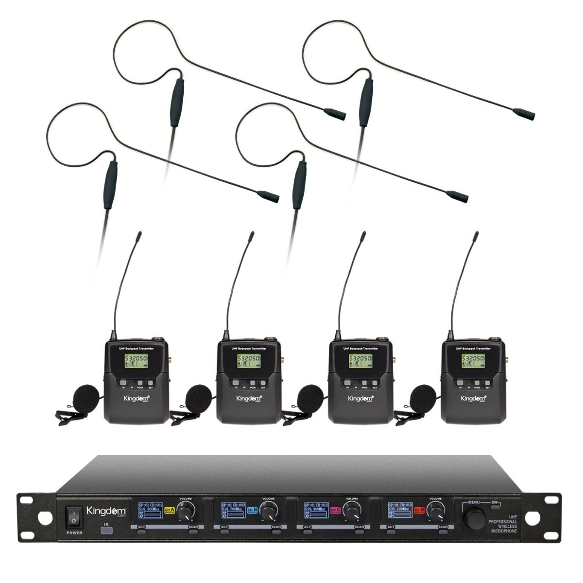 Kingdom V5 Wireless Microphone System with 4 Belt Packs and Black Ear-worn Microphones