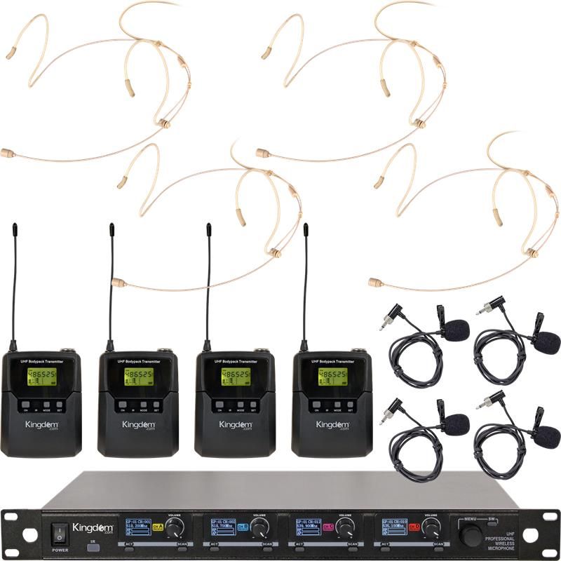 Kingdom V5 Wireless Microphone System with 4 Belt Packs with Lapels and Dual Ear Headworn