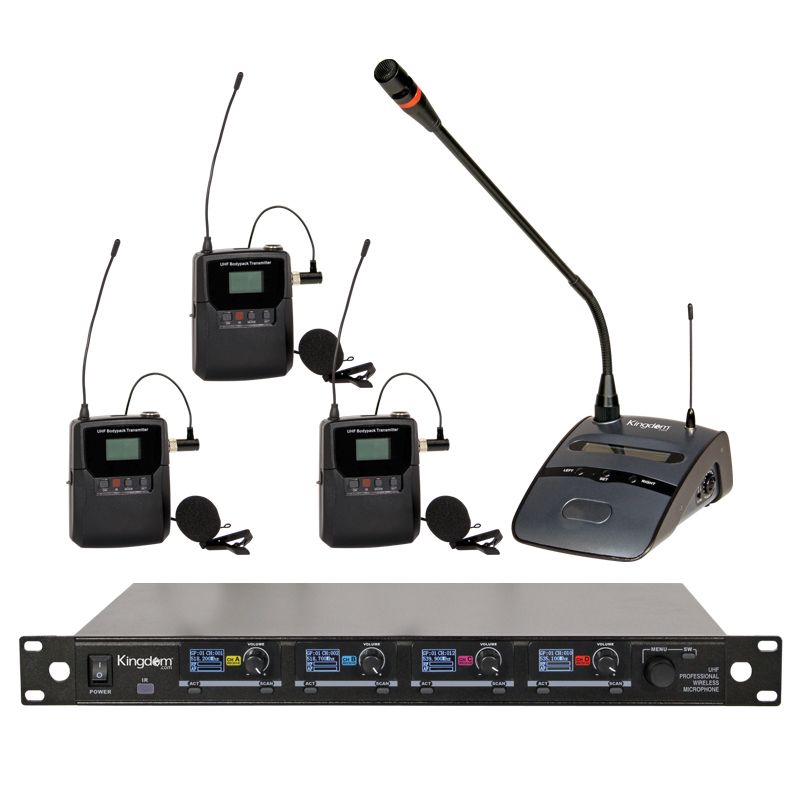 Kingdom V5 Wireless Mic System with 3 Beltpacks with Lapels, 1 Cardioid Podium